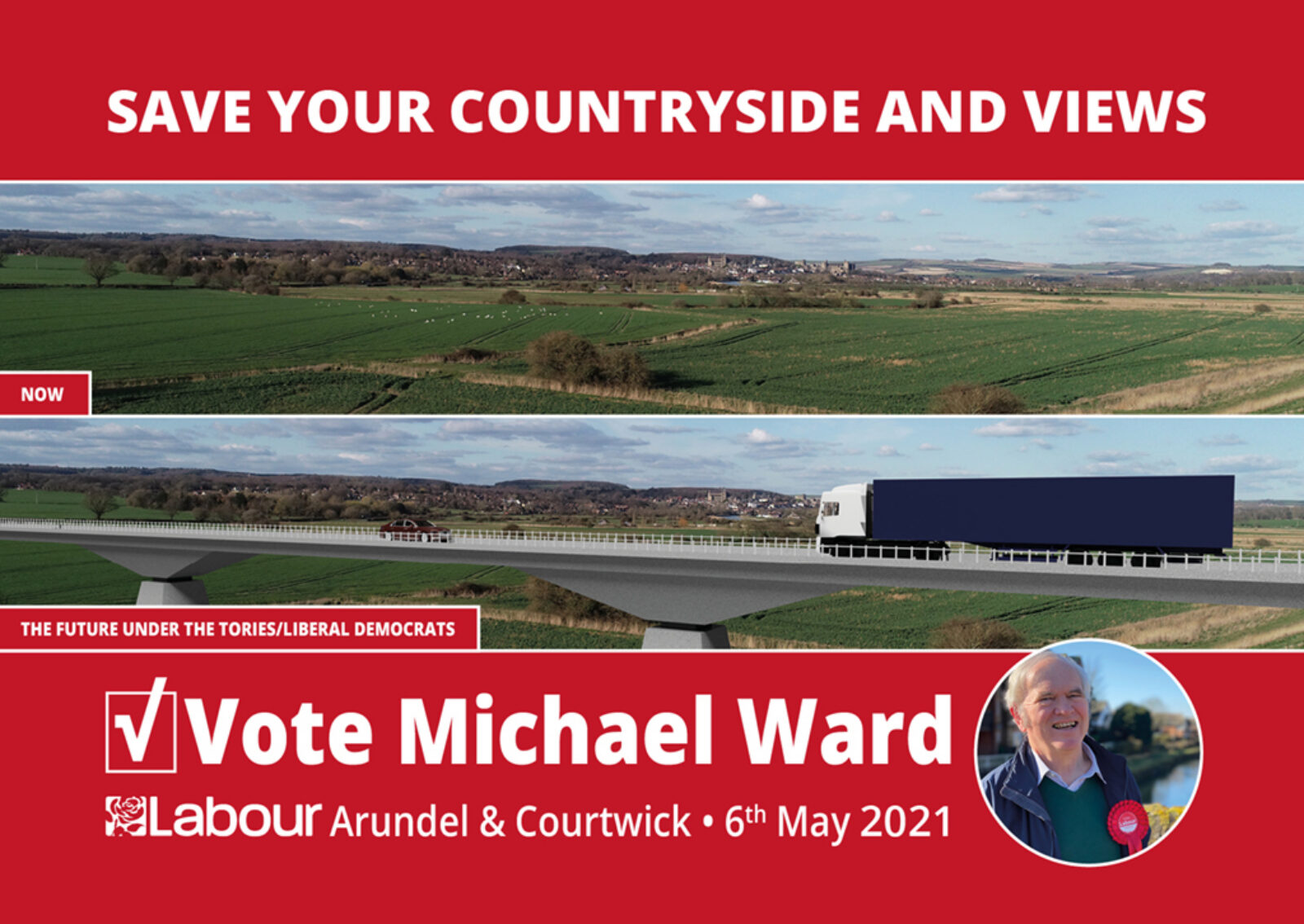 Image of View of Arundel from meadowlands now and how it would look after four-lane bypass with bridge across the countryside